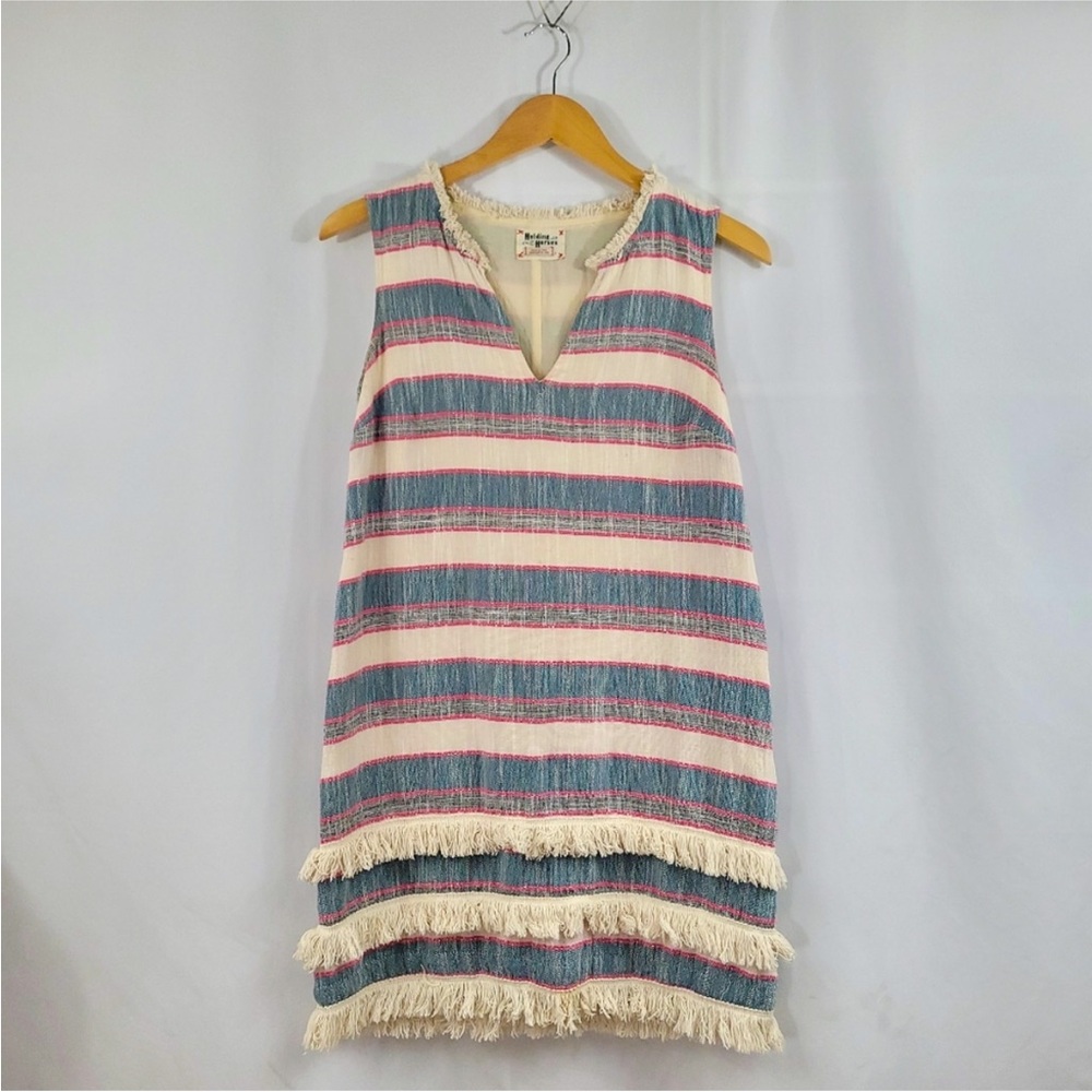 HOLDING HORSES Anthropologie Striped and Fringed Red White Blue Shift Dress